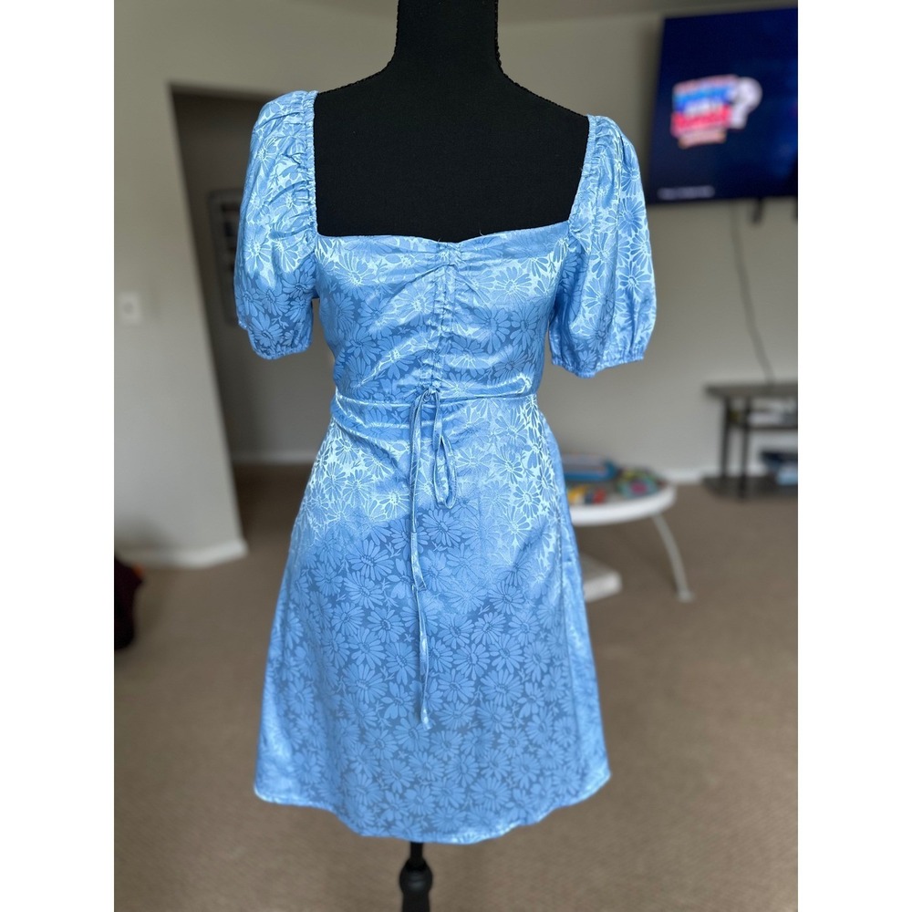 Altar'd State Blue Floral Jacquard Puff Sleeve Cutout Back Mini Dress Small